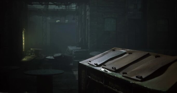 An urban alleyway is dimly lit by a soft green glow, showcasing a dumpster surrounded by scattered trash. The atmosphere is moody and mysterious, creating an intriguing urban scene.