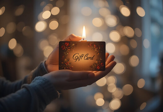 
Hands cradling a flickering candle flame above a decorative Christmas gift card against a warm, bokeh-filled background.