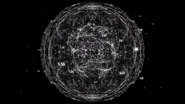 On numeric glyphs pulsing central bright mesh sphere expanding forming lobes rotating showing data