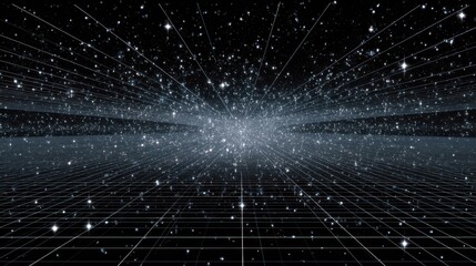 Futuristic Digital Space Scene with Stars and Grid Patterns in Deep Space