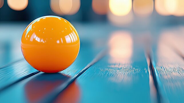 A single, shiny orange sphere rests on a textured, blue wooden surface. Soft, blurred bokeh lights create a warm, atmospheric background. - Powered by Adobe