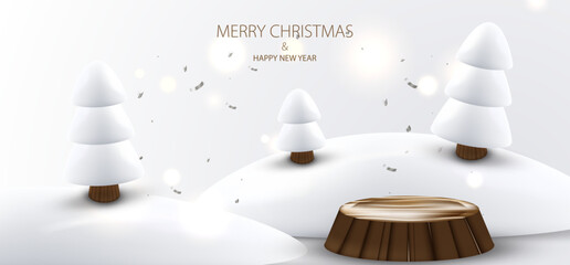 Merry Christmas web banner with realistic 3d candy cane and ball. Snow landscape decoration element. Holiday card vector X-mas design.