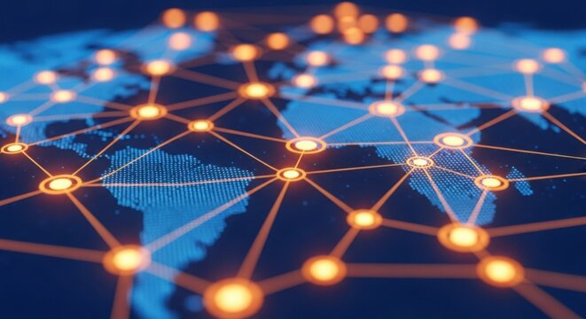 Global network connecting continents on a digital world map, data exchange concept - Powered by Adobe