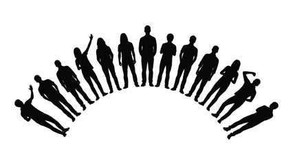 Diverse group of people silhouettes in an arc isolated on white background, Vector