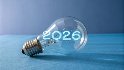 Neon 2026 Lightbulb Innovation Concept on Blue Background - 8