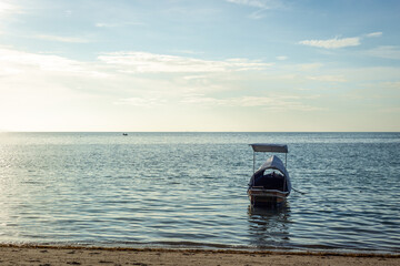 Sunset sea beach on tropical island, beautiful exotic travel landscape.