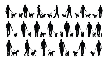 People walking dogs silhouette collection isolated on white background, Vector