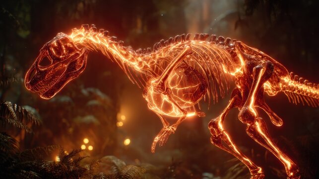 Glowing Dinosaur Skeleton in a Fiery Forest with Neon Highlights and Mysterious Atmosphere
