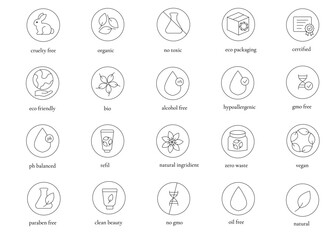 Fototapeta premium Minimalist line art cosmetic icons set featuring clean beauty, organic, vegan, eco-friendly, paraben free and natural skincare labels for packaging and certifications.