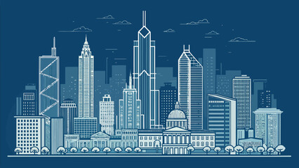 Stunning city skyline illustration with towering skyscrapers and iconic landmarks, ideal for urban planning, architecture, and travel marketing materials