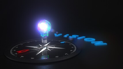 Creative Vision and Innovation Concept with Light Bulb and Compass. 3d illustration.