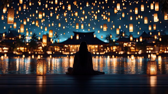 A solitary figure sits in a meditative pose on a wooden platform by the water, surrounded by countless glowing lanterns illuminating the night sky and a distant - Powered by Adobe