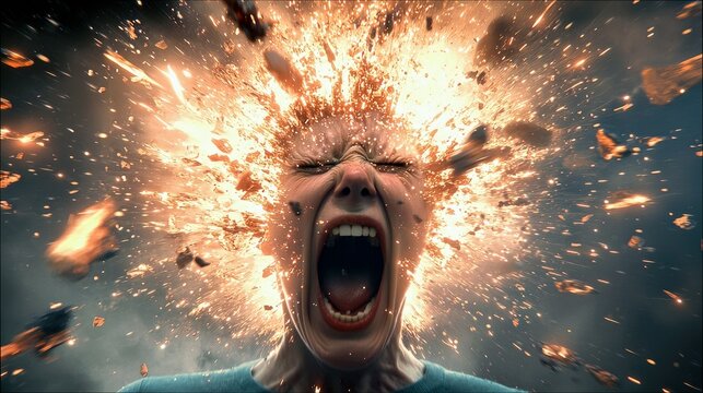 A close-up, dramatic shot of a person's head exploding outwards in a fiery burst, with debris flying. The person's eyes are squeezed shut and mouth is open in a