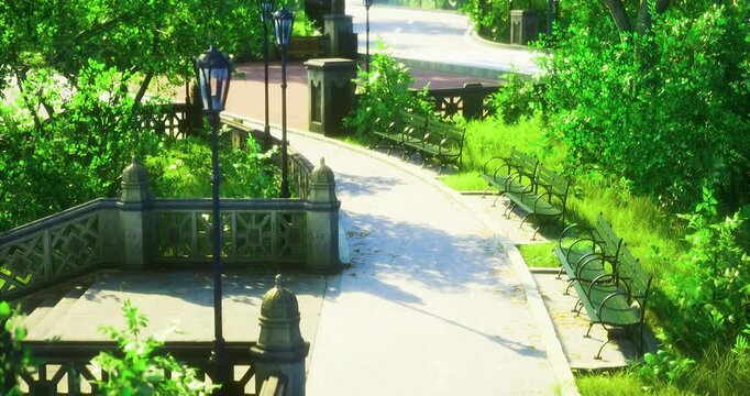 Bright sunlight illuminates a well kept park filled with vibrant greenery. Benches line a winding pathway, inviting visitors to relax and enjoy natures beauty on a sunny day.