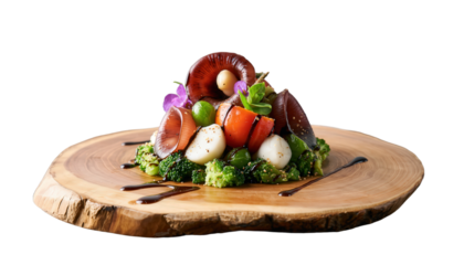 Gourmet Ingredients Artfully Arranged on Rustic Round Wooden Surface with Cured Meats Cheese Tomatoes Broccoli Flowers Balsamic Drizzle Warm Natural Light Shallow Depth of Field Isolate on