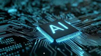 Close up on a glowing ai chip on a futuristic computer circuit board - Powered by Adobe