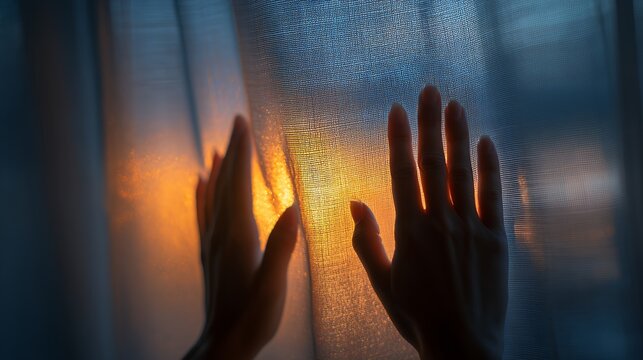 two hands reach toward each other through a curtain