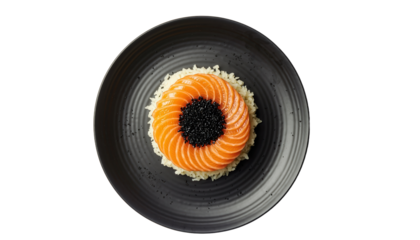 Gourmet Spiral Salmon Nigiri Sushi with Black Caviar Center on Black Plate Overhead Shot Natural Light Shallow Depth Emphasizing Texture Isolated on Transparent Background