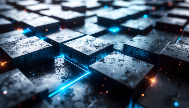 Futuristic dark metallic cubes with glowing blue edges, circuit-like etchings and scattered particles in a layered grid, creating a high-tech sci‑fi digital landscape.