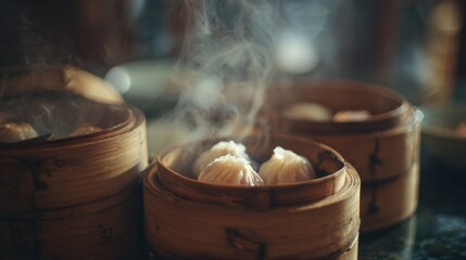 Steaming dim sum in bamboo steamers on a dark surface. The dumplings are soft and fluffy, emitting steam, showcasing traditional Asian cuisine.