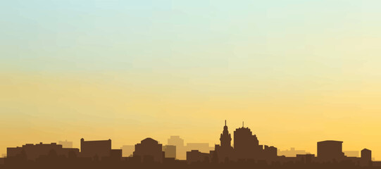 Panoramic poster of the city skyline with misty background buildings, hills sunrise, sunset and clouds of MONTEVIDEO, URUGUAY