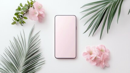 A flat lay composition featuring a pink smartphone, lush green palm leaves, and soft pink flowers arranged on a clean white surface.