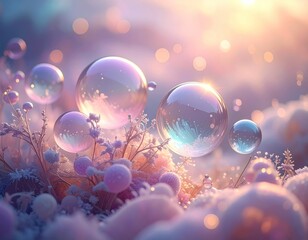 Dreamy ethereal scene with floating bubbles and soft pastel lighting