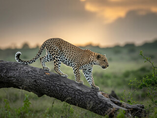 Obraz premium Magnificent leopard gracefully walking across a fallen tree at dusk in the African savanna, showcasing its elegance and power in its natural habitat