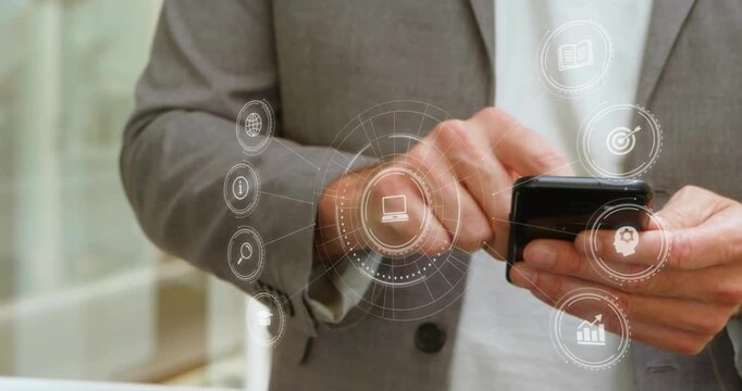 Businessman tapping phone screen in office lobby, initiating HUD with icons and chart for business - Powered by Adobe