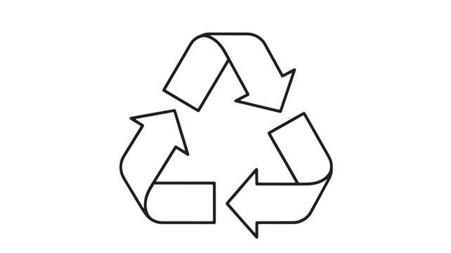 a simple black and white illustration depicts the universal recycling symbol showcasing three chasing arrows forming a triangular loop representing sustainability