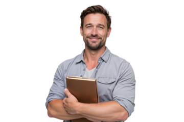 Smiling man in a casual grey shirt, holding a stack of books with crossed arms isolated on transparent background, png