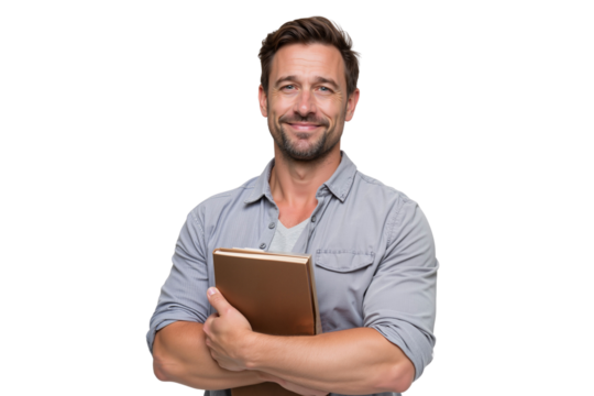 Smiling man in a casual grey shirt, holding a stack of books with crossed arms isolated on transparent background, png
