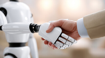 Human hand shakes robotic arm in a modern setting, showcasing the collaboration between technology and humanity, symbolizing innovation and future possibilities