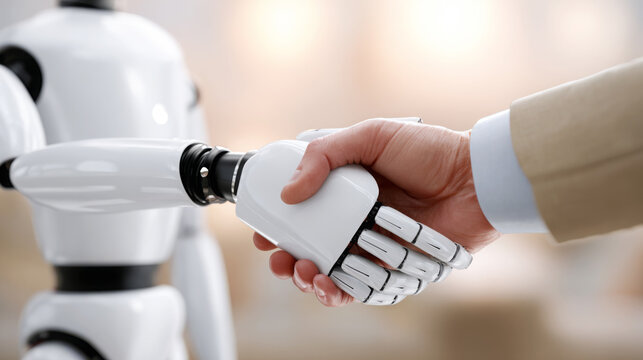 Human hand shakes robotic arm in a modern setting, showcasing the collaboration between technology and humanity, symbolizing innovation and future possibilities