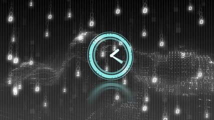 Teal clock icon rotating as binary rain initiating ring spinning hand detaching showing data time - Powered by Adobe