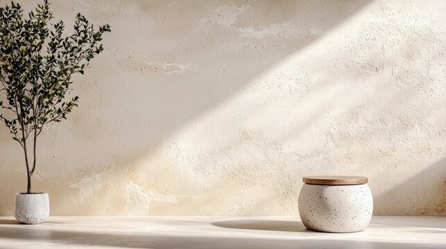 A minimalist interior scene featuring a potted green plant on the left and a speckled ceramic jar with a wooden lid on the right, set against a textured neutral - Powered by Adobe