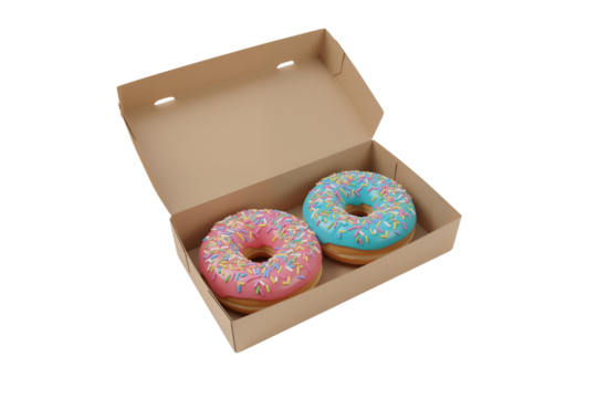 Open kraft paper box with two vibrant glazed donuts, pink and blue with sprinkles, isolated on transparent background, png - Powered by Adobe