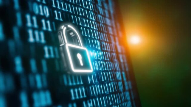 Cybersecurity Fortress: A digital lock illuminates against a dynamic binary code backdrop, symbolizing data protection and safeguarding sensitive information within a futuristic digital landscape.
