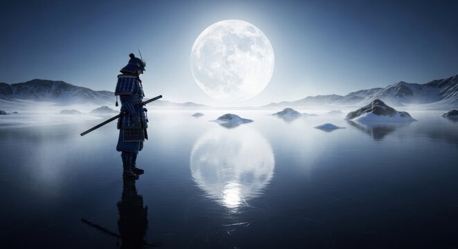 Powerful samurai warrior silhouetted against a stunning full moon and snowy landscape, a scene of serenity and strength on a frozen lake at night