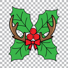A festive and charming illustration featuring green holly leaves, brown antlers, red berries, and a red bow, perfect for holiday designs.
