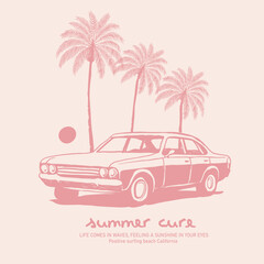 Fototapeta premium Sporty Car in beach side. palm tree tropical summer tee t shirt design. women's girl's t-shirt print graphics. vintage summer graphics.