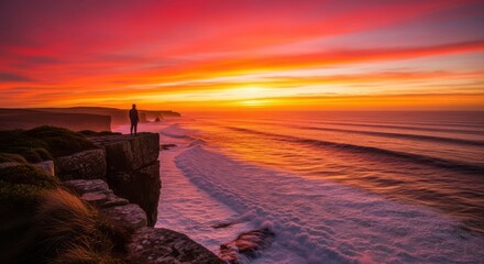 Stunning coastal sunset backdrop with figure looking out to sea, perfect for travel, adventure, or inspiration themed projects and campaigns
