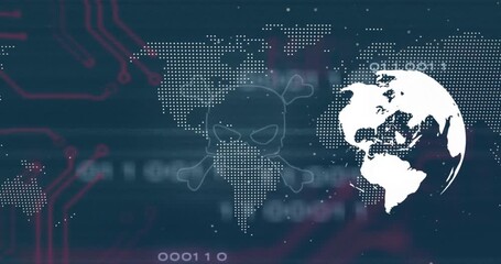 On binary pulse white globe rotating, skull emerging, magenta traces pulsing, warning cyber threat - Powered by Adobe