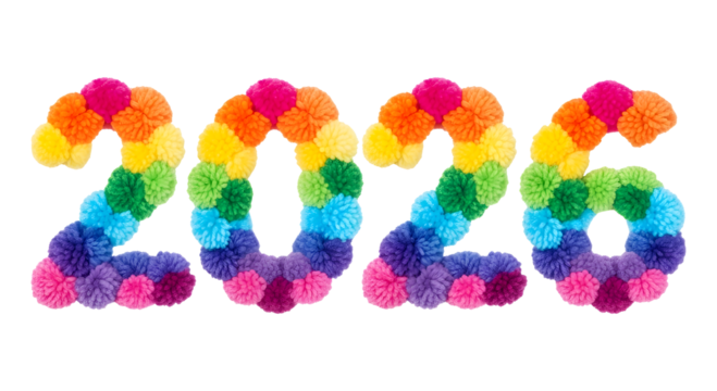 Colorful Pom-Pom 2026 Text – Rainbow Wool Craft Numbers on White Background