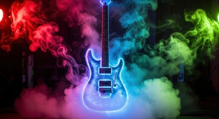 Electrifying neon guitar surrounded by vibrant smoke, a stunning visual for music lovers, concerts, and edgy designs, perfect for album art