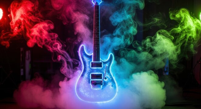 Electrifying neon guitar surrounded by vibrant smoke, a stunning visual for music lovers, concerts, and edgy designs, perfect for album art