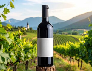 Fototapeta premium A red wine bottle with a blank label set in a vineyard landscape