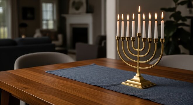 Menorah with lit candles on wooden table during Hanukkah celebration