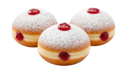 Three jelly donuts with powdered sugar, isolated on transparent background