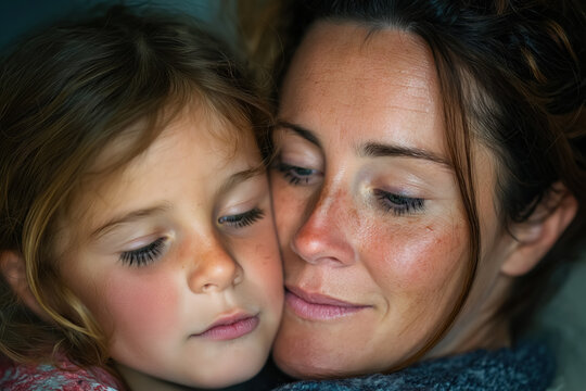 Tender moment between woman and child embracing in close-up portrait